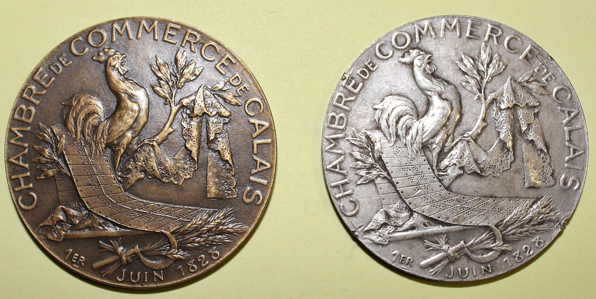 Calais 1828 deux medailles de la chambre de commerce bronze et argent